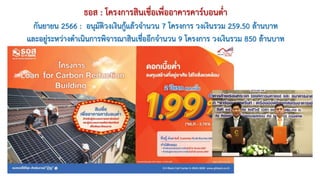 ธอส : โครงการสินเชื่อเพื่ออาคารคาร์บอนต่า
กันยายน 2566 : อนุมัติวงเงินกู้แล้วจานวน 7 โครงการ วงเงินรวม 259.50 ล้านบาท
และอยู่ระหว่างดาเนินการพิจารณาสินเชื่ออีกจานวน 9 โครงการ วงเงินรวม 850 ล้านบาท
 