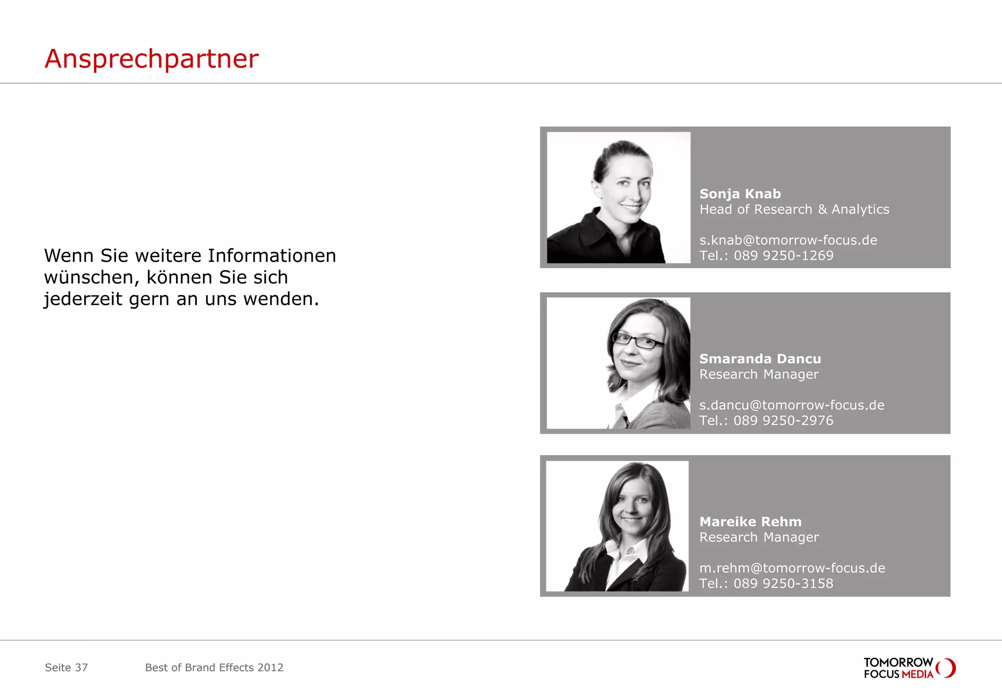 Ansprechpartner




                                        Sonja Knab
                                        Head of Research & Analytics

                                        s.knab@tomorrow-focus.de
Wenn Sie weitere Informationen          Tel.: 089 9250-1269
wünschen, können Sie sich
jederzeit gern an uns wenden.


                                        Smaranda Dancu
                                        Research Manager

                                        s.dancu@tomorrow-focus.de
                                        Tel.: 089 9250-2976




                                        Mareike Rehm
                                        Research Manager

                                        m.rehm@tomorrow-focus.de
                                        Tel.: 089 9250-3158




Seite 37   Best of Brand Effects 2012
 