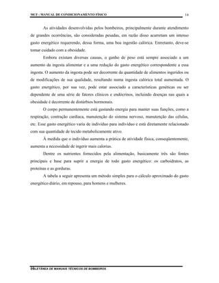 MCF - MANUAL DE CONDICIONAMENTO FÍSICO
COLETÂNEA DE MANUAIS TÉCNICOS DE BOMBEIROS
14
14
As atividades desenvolvidas pelos bombeiros, principalmente durante atendimento
de grandes ocorrências, são consideradas pesadas, em razão disso acarretam um intenso
gasto energético requerendo, dessa forma, uma boa ingestão calórica. Entretanto, deve-se
tomar cuidado com a obesidade.
Embora existam diversas causas, o ganho de peso está sempre associado a um
aumento da ingesta alimentar e a uma redução do gasto energético correspondente a essa
ingesta. O aumento da ingesta pode ser decorrente da quantidade de alimentos ingeridos ou
de modificações de sua qualidade, resultando numa ingesta calórica total aumentada. O
gasto energético, por sua vez, pode estar associado a características genéticas ou ser
dependente de uma série de fatores clínicos e endócrinos, incluindo doenças nas quais a
obesidade é decorrente de distúrbios hormonais.
O corpo permanentemente está gastando energia para manter suas funções, como a
respiração, contração cardíaca, manutenção do sistema nervoso, manutenção das células,
etc. Esse gasto energético varia de indivíduo para indivíduo e está diretamente relacionado
com sua quantidade de tecido metabolicamente ativo.
À medida que o indivíduo aumenta a prática de atividade física, conseqüentemente,
aumenta a necessidade de ingerir mais calorias.
Dentre os nutrientes fornecidos pela alimentação, basicamente três são fontes
principais e base para suprir a energia de todo gasto energético: os carboidratos, as
proteínas e as gorduras.
A tabela a seguir apresenta um método simples para o cálculo aproximado do gasto
energético diário, em repouso, para homens e mulheres.
 
