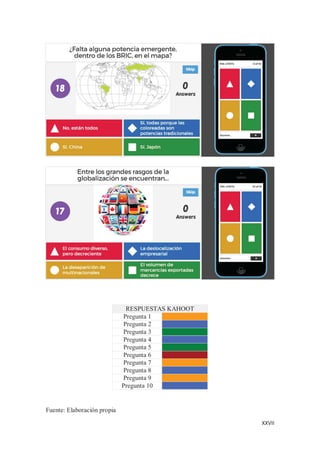 XXVII
RESPUESTAS KAHOOT
Pregunta 1
Pregunta 2
Pregunta 3
Pregunta 4
Pregunta 5
Pregunta 6
Pregunta 7
Pregunta 8
Pregunta 9
Pregunta 10
Fuente: Elaboración propia
 