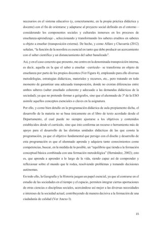 15
necesarios en el sistema educativo (y, concretamente, en la propia práctica didáctica y
docente) con el fin de orientarse y adaptarse al proyecto social definido en el entorno –
considerando los componentes sociales y culturales inmersos en los procesos de
enseñanza-aprendizaje–, seleccionando y transformando los saberes eruditos en saberes
u objeto a enseñar (transposición externa). De hecho, y como Alfaro y Chavarría (2012)
señalan, “la función de la noosfera es esencial en tanto que debe producir un acercamiento
con el saber científico y un distanciamiento del saber banalizado”.
Así, y en el caso concreto que presento, me centro en la denominada transposición interna,
es decir, aquella en la que el saber a enseñar –currículo– se transforma en objeto de
enseñanza por parte de los propios docentes (Ver Figura 4), empleando para ello diversas
metodologías, estrategias didácticas, materiales y recursos, etc., pero tratando en todo
momento de garantizar una adecuada transposición, donde no existan diferencias entre
ambos saberes (saber enseñado coherente y adecuado a las demandas didácticas de la
sociedad); ya que no pretendo formar a geógrafos, sino que el alumnado de 3º de la ESO
asimile aquellos conceptos esenciales o claves en la asignatura.
Por ello, y como bien detallo en la programación didáctica de aula propiamente dicha, el
desarrollo de la materia no se basa únicamente en el libro de texto acordado desde el
Departamento, el cual puede no siempre ajustarse a los objetivos y contenidos
establecidos desde el currículo, sino que éste conforma un recurso o herramienta más de
apoyo para el desarrollo de las distintas unidades didácticas de las que consta la
programación, ya que el objetivo fundamental que persigo con el diseño y desarrollo de
esta programación es que el alumnado aprenda y adquiera tanto conocimientos como
competencias, buscar, en la medida de lo posible, un “equilibrio que tienda a la formación
conceptual básica combinada con una formación metodológica” (Hernández, 2002); esto
es, que aprenda a aprender a lo largo de la vida, siendo capaz así de comprender y
reflexionar sobre el mundo que le rodea, resolviendo problemas y tomando decisiones
autónomas.
En todo ello, la Geografía y la Historia juegan un papel esencial, ya que al centrarse en el
estudio de las sociedades en el tiempo y el espacio, permiten integrar ciertas aportaciones
de otras ciencias o disciplinas sociales, acercándose así mejor a las diversas necesidades
e intereses de la sociedad actual, contribuyendo de manera decisiva a la formación de una
ciudadanía de calidad (Ver Anexo I).
 