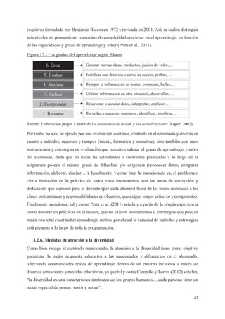47
cognitivo formulada por Benjamín Bloom en 1972 y revisada en 2001. Así, se suelen distinguir
seis niveles de pensamiento o estadios de complejidad creciente en el aprendizaje, en función
de las capacidades y grado de aprendizaje y saber (Prats et al., 2011).
Figura 12.- Los grados del aprendizaje según Bloom
Por tanto, no solo he optado por una evaluación continua, centrada en el alumnado y diversa en
cuanto a métodos, recursos y tiempos (inicial, formativa y sumativa), sino también con unos
instrumentos y estrategias de evaluación que permiten valorar el grado de aprendizaje y saber
del alumnado, dado que no todas las actividades o cuestiones planteadas a lo largo de la
asignatura poseen el mismo grado de dificultad y/o exigencia (reconocer datos, comparar
información, elaborar, diseñar,…). Igualmente, y como bien he mencionado ya, el problema o
cierta limitación en la práctica de todos estos instrumentos son las horas de corrección y
dedicación que suponen para el docente (por cada alumno) fuera de las horas dedicadas a las
clases u otras tareas y responsabilidades en el centro, que exigen mayor esfuerzo y compromiso.
Finalmente mencionar, tal y como Prats et al. (2011) señala y a partir de la propia experiencia
como docente en prácticas en el máster, que no existen instrumentos o estrategias que puedan
medir con total exactitud el aprendizaje, motivo por el cual la variedad de métodos y estrategias
está presente a lo largo de toda la programación.
3.2.6. Medidas de atención a la diversidad
Como bien recoge el currículo mencionado, la atención a la diversidad tiene como objetivo
garantizar la mejor respuesta educativa a las necesidades y diferencias en el alumnado,
ofreciendo oportunidades reales de aprendizaje dentro de un entorno inclusivo a través de
diversas actuaciones y medidas educativas, ya que tal y como Campillo y Torres (2012) señalan,
“la diversidad es una característica intrínseca de los grupos humanos,…cada persona tiene un
modo especial de pensar, sentir y actuar”.
Fuente: Elaboración propia a partir de La taxonomía de Bloom y sus actualizaciones (López, 2002)
6. Crear
5. Evaluar
4. Analizar
3. Aplicar
2. Comprender
1. Recordar Recordar, recuperar, enumerar, identificar, nombrar,…
Relacionar o asociar datos, interpretar, explicar,…
Utilizar información en otra situación, desarrollar,…
Romper la información en partes, comparar, hallar,…
Justificar una decisión o curso de acción, probar,…
Generar nuevas ideas, productos, juicios de valor,…
 
