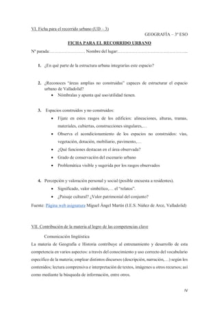 IV
VI. Ficha para el recorrido urbano (UD – 3)
GEOGRAFÍA – 3º ESO
FICHA PARA EL RECORRIDO URBANO
Nº parada:…………………… Nombre del lugar:………………………………………...
1. ¿En qué parte de la estructura urbana integrarías este espacio?
2. ¿Reconoces “áreas amplias no construidas” capaces de estructurar el espacio
urbano de Valladolid?
x Nómbralas y apunta qué uso/utilidad tienen.
3. Espacios construidos y no construidos:
x Fíjate en estos rasgos de los edificios: alineaciones, alturas, tramas,
materiales, cubiertas, construcciones singulares,…
x Observa el acondicionamiento de los espacios no construidos: vías,
vegetación, dotación, mobiliario, pavimento,…
x ¿Qué funciones destacan en el área observada?
x Grado de conservación del escenario urbano
x Problemática visible y sugerida por los rasgos observados
4. Percepción y valoración personal y social (posible encuesta a residentes).
x Significado, valor simbólico,… el “relatos”.
x ¿Paisaje cultural? ¿Valor patrimonial del conjunto?
Fuente: Página web asignatura Miguel Ángel Martín (I.E.S. Núñez de Arce, Valladolid)
VII. Contribución de la materia al logro de las competencias clave
Comunicación lingüística
La materia de Geografía e Historia contribuye al entrenamiento y desarrollo de esta
competencia en varios aspectos: a través del conocimiento y uso correcto del vocabulario
específico de la materia; emplear distintos discursos (descripción, narración,…) según los
contenidos; lectura comprensiva e interpretación de textos, imágenes u otros recursos; así
como mediante la búsqueda de información, entre otros.
 