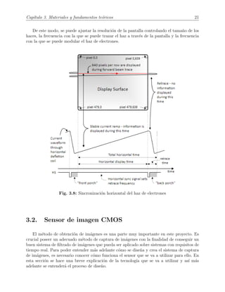 Cap´ıtulo 3. Materiales y fundamentos te´oricos 21
De este modo, se puede ajustar la resoluci´on de la pantalla controlando el tama˜no de los
haces, la frecuencia con la que se puede trazar el haz a trav´es de la pantalla y la frecuencia
con la que se puede modular el haz de electrones.
Fig. 3.8: Sincronizaci´on horizontal del haz de electrones
3.2. Sensor de imagen CMOS
El m´etodo de obtenci´on de im´agenes es una parte muy importante en este proyecto. Es
crucial poseer un adecuado m´etodo de captura de im´agenes con la ﬁnalidad de conseguir un
buen sistema de ﬁltrado de im´agenes que pueda ser aplicado sobre sistemas con requisitos de
tiempo real. Para poder entender m´as adelante c´omo se dise˜na y crea el sistema de captura
de im´agenes, es necesario conocer c´omo funciona el sensor que se va a utilizar para ello. En
esta secci´on se hace una breve explicaci´on de la tecnolog´ıa que se va a utilizar y as´ı m´as
adelante se entender´a el proceso de dise˜no.
 