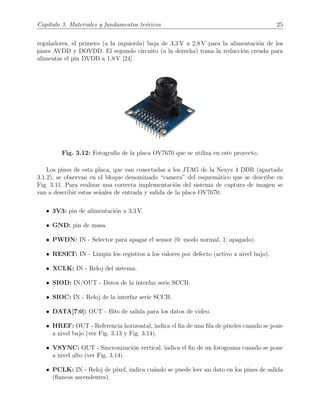 Cap´ıtulo 3. Materiales y fundamentos te´oricos 25
reguladores, el primero (a la izquierda) baja de 3,3 V a 2,8 V para la alimentaci´on de los
pines AVDD y DOVDD. El segundo circuito (a la derecha) toma la reducci´on creada para
alimentar el pin DVDD a 1,8 V [24].
Fig. 3.12: Fotograf´ıa de la placa OV7670 que se utiliza en este proyecto.
Los pines de esta placa, que van conectadas a los JTAG de la Nexys 4 DDR (apartado
3.1.2), se observan en el bloque denominado “camera” del esquem´atico que se describe en
Fig. 3.11. Para realizar una correcta implementaci´on del sistema de captura de imagen se
van a describir estas se˜nales de entrada y salida de la placa OV7670.
• 3V3: pin de alimentaci´on a 3,3 V.
• GND: pin de masa.
• PWDN: IN - Selector para apagar el sensor (0: modo normal, 1: apagado).
• RESET: IN - Limpia los registros a los valores por defecto (activo a nivel bajo).
• XCLK: IN - Reloj del sistema.
• SIOD: IN/OUT - Datos de la interfaz serie SCCB.
• SIOC: IN - Reloj de la interfaz serie SCCB.
• DATA[7:0]: OUT - Bits de salida para los datos de video.
• HREF: OUT - Referencia horizontal, indica el ﬁn de una ﬁla de p´ıxeles cuando se pone
a nivel bajo (ver Fig. 3.13 y Fig. 3.14).
• VSYNC: OUT - Sincronizaci´on vertical, indica el ﬁn de un fotograma cuando se pone
a nivel alto (ver Fig. 3.14).
• PCLK: IN - Reloj de p´ıxel, indica cu´ando se puede leer un dato en los pines de salida
(ﬂancos ascendentes).
 