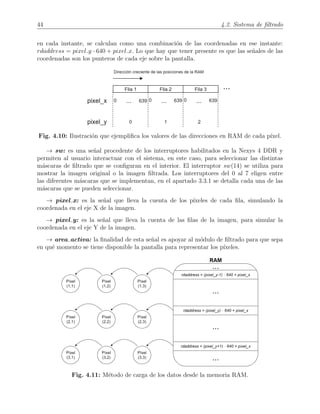 44 4.2. Sistema de ﬁltrado
en cada instante, se calculan como una combinaci´on de las coordenadas en ese instante:
rdaddress = pixel y · 640 + pixel x. Lo que hay que tener presente es que las se˜nales de las
coordenadas son los punteros de cada eje sobre la pantalla.
Fig. 4.10: Ilustraci´on que ejempliﬁca los valores de las direcciones en RAM de cada p´ıxel.
→ sw: es una se˜nal procedente de los interruptores habilitados en la Nexys 4 DDR y
permiten al usuario interactuar con el sistema, en este caso, para seleccionar las distintas
m´ascaras de ﬁltrado que se conﬁguran en el interior. El interruptor sw(14) se utiliza para
mostrar la imagen original o la imagen ﬁltrada. Los interruptores del 0 al 7 eligen entre
las diferentes m´ascaras que se implementan, en el apartado 3.3.1 se detalla cada una de las
m´ascaras que se pueden seleccionar.
→ pixel x: es la se˜nal que lleva la cuenta de los p´ıxeles de cada ﬁla, simulando la
coordenada en el eje X de la imagen.
→ pixel y: es la se˜nal que lleva la cuenta de las ﬁlas de la imagen, para simular la
coordenada en el eje Y de la imagen.
→ area activa: la ﬁnalidad de esta se˜nal es apoyar al m´odulo de ﬁltrado para que sepa
en qu´e momento se tiene disponible la pantalla para representar los p´ıxeles.
Fig. 4.11: M´etodo de carga de los datos desde la memoria RAM.
 