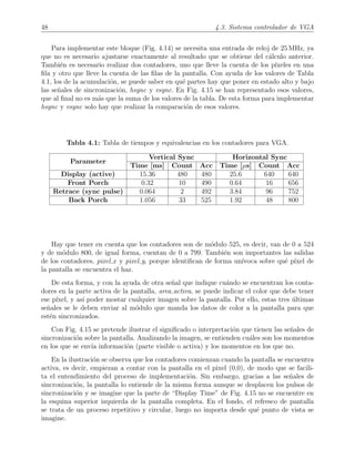 48 4.3. Sistema controlador de VGA
Para implementar este bloque (Fig. 4.14) se necesita una entrada de reloj de 25 MHz, ya
que no es necesario ajustarse exactamente al resultado que se obtiene del c´alculo anterior.
Tambi´en es necesario realizar dos contadores, uno que lleve la cuenta de los p´ıxeles en una
ﬁla y otro que lleve la cuenta de las ﬁlas de la pantalla. Con ayuda de los valores de Tabla
4.1, los de la acumulaci´on, se puede saber en qu´e partes hay que poner en estado alto y bajo
las se˜nales de sincronizaci´on, hsync y vsync. En Fig. 4.15 se han representado esos valores,
que al ﬁnal no es m´as que la suma de los valores de la tabla. De esta forma para implementar
hsync y vsync solo hay que realizar la comparaci´on de esos valores.
Tabla 4.1: Tabla de tiempos y equivalencias en los contadores para VGA.
Parameter
Vertical Sync Horizontal Sync
Time [ms] Count Acc Time [µs] Count Acc
Display (active) 15.36 480 480 25.6 640 640
Front Porch 0.32 10 490 0.64 16 656
Retrace (sync pulse) 0.064 2 492 3.84 96 752
Back Porch 1.056 33 525 1.92 48 800
Hay que tener en cuenta que los contadores son de m´odulo 525, es decir, van de 0 a 524
y de m´odulo 800, de igual forma, cuentan de 0 a 799. Tambi´en son importantes las salidas
de los contadores, pixel x y pixel y, porque identiﬁcan de forma un´ıvoca sobre qu´e p´ıxel de
la pantalla se encuentra el haz.
De esta forma, y con la ayuda de otra se˜nal que indique cu´ando se encuentran los conta-
dores en la parte activa de la pantalla, area activa, se puede indicar el color que debe tener
ese p´ıxel, y as´ı poder mostar cualquier imagen sobre la pantalla. Por ello, estas tres ´ultimas
se˜nales se le deben enviar al m´odulo que manda los datos de color a la pantalla para que
est´en sincronizados.
Con Fig. 4.15 se pretende ilustrar el signiﬁcado o interpretaci´on que tienen las se˜nales de
sincronizaci´on sobre la pantalla. Analizando la imagen, se entienden cu´ales son los momentos
en los que se env´ıa informaci´on (parte visible o activa) y los momentos en los que no.
En la ilustraci´on se observa que los contadores comienzan cuando la pantalla se encuentra
activa, es decir, empiezan a contar con la pantalla en el pixel (0,0), de modo que se facili-
ta el entendimiento del proceso de implementaci´on. Sin embargo, gracias a las se˜nales de
sincronizaci´on, la pantalla lo entiende de la misma forma aunque se desplacen los pulsos de
sincronizaci´on y se imagine que la parte de “Display Time” de Fig. 4.15 no se encuentre en
la esquina superior izquierda de la pantalla completa. En el fondo, el refresco de pantalla
se trata de un proceso repetitivo y circular, luego no importa desde qu´e punto de vista se
imagine.
 