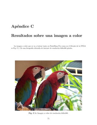 Ap´endice C
Resultados sobre una imagen a color
La imagen a color que se va a testear tanto en PaintShop Pro como en el ﬁltrado de la FPGA
es Fig. C.1. Es una fotograf´ıa obtenida de internet de resoluci´on 640x480 p´ıxeles.
Fig. C.1: Imagen a color de resoluci´on 640x480.
71
 