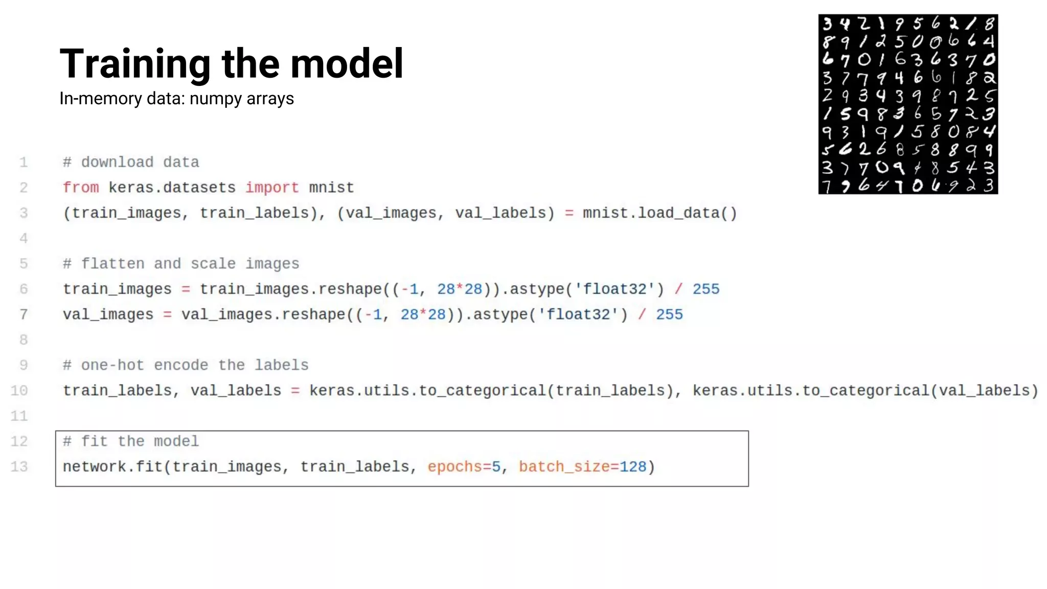 Training the model
In-memory data: numpy arrays
 