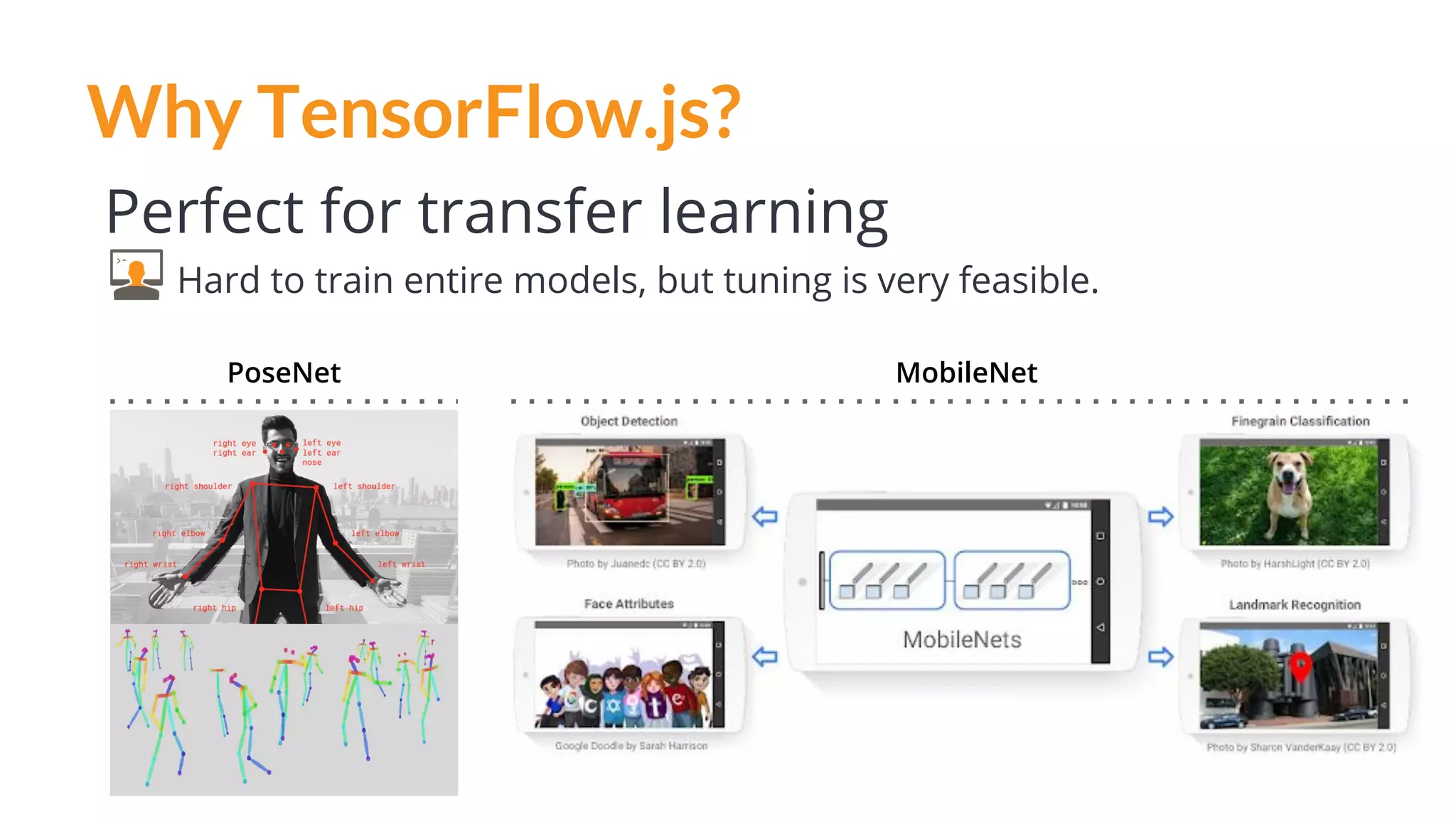 Why TensorFlow.js?
Perfect for transfer learning
Hard to train entire models, but tuning is very feasible.
MobileNetPoseNet
 