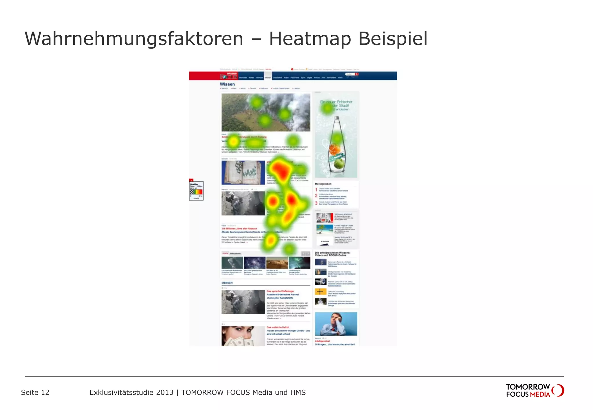 Wahrnehmungsfaktoren – Heatmap Beispiel
Seite 12 Exklusivitätsstudie 2013 | TOMORROW FOCUS Media und HMS
 
