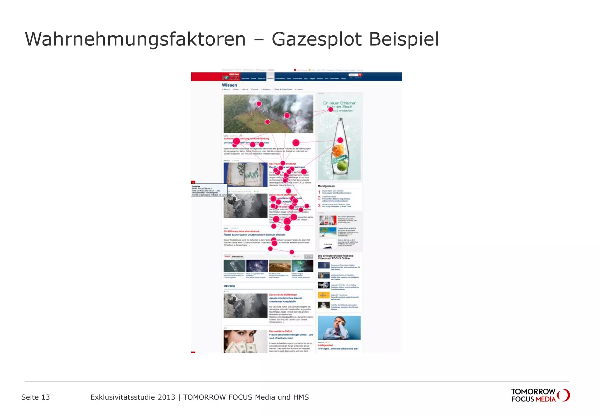 Wahrnehmungsfaktoren – Gazesplot Beispiel
Seite 13 Exklusivitätsstudie 2013 | TOMORROW FOCUS Media und HMS
 
