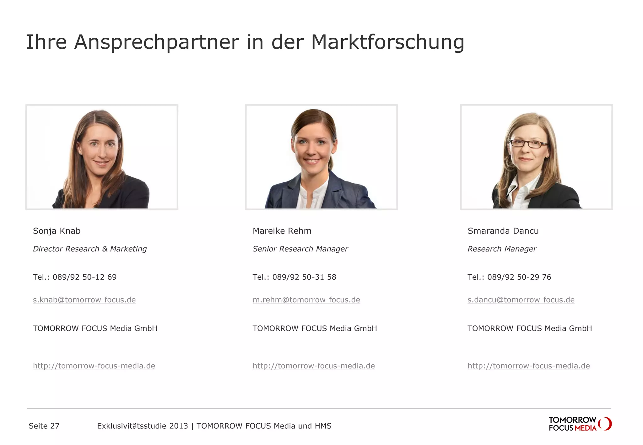 Ihre Ansprechpartner in der Marktforschung
Sonja Knab
Director Research & Marketing
Tel.: 089/92 50-12 69
s.knab@tomorrow-focus.de
ForwardAdGroup
http://tomorrow-focus-media.de
Mareike Rehm
Senior Research Manager
Tel.: 089/92 50-31 58
m.rehm@tomorrow-focus.de
ForwardAdGroup
http://tomorrow-focus-media.de
Smaranda Dancu
Research Manager
Tel.: 089/92 50-29 76
s.dancu@tomorrow-focus.de
ForwardAdGroup
http://tomorrow-focus-media.de
Seite 27 Exklusivitätsstudie 2013 | TOMORROW FOCUS Media und HMS
 
