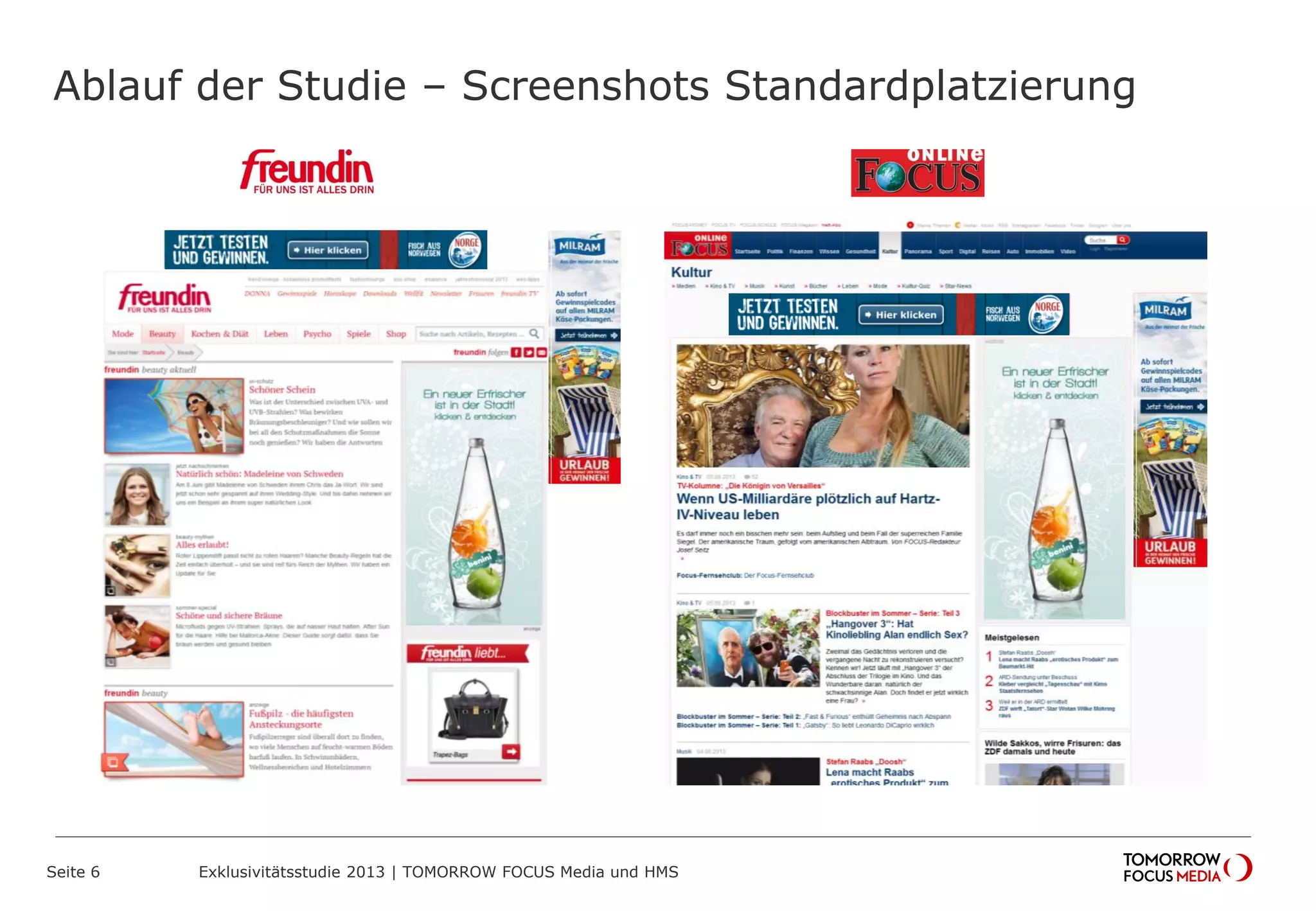 Ablauf der Studie – Screenshots Standardplatzierung
Seite 6 Exklusivitätsstudie 2013 | TOMORROW FOCUS Media und HMS
 