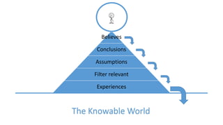 Believes
Conclusions
Assumptions
Filter relevant
Experiences
The Knowable World
 