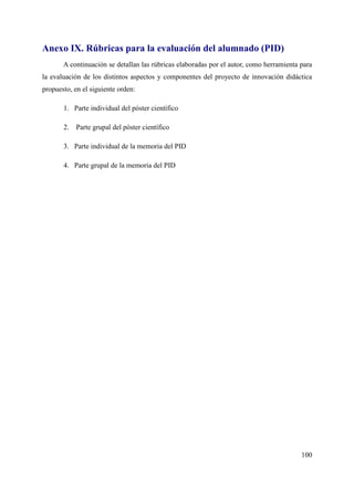 Anexo IX. Rúbricas para la evaluación del alumnado (PID)
A continuación se detallan las rúbricas elaboradas por el autor, como herramienta para
la evaluación de los distintos aspectos y componentes del proyecto de innovación didáctica
propuesto, en el siguiente orden:
1. Parte individual del póster científico
2. Parte grupal del póster científico
3. Parte individual de la memoria del PID
4. Parte grupal de la memoria del PID
100
 