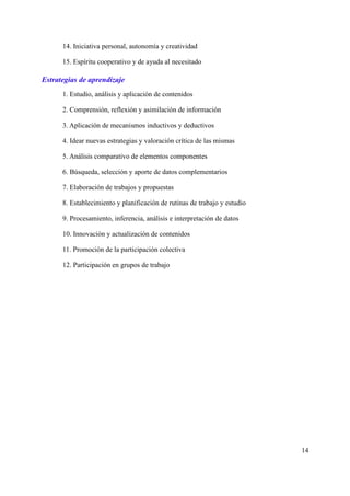 14. Iniciativa personal, autonomía y creatividad
15. Espíritu cooperativo y de ayuda al necesitado
Estrategias de aprendizaje
1. Estudio, análisis y aplicación de contenidos
2. Comprensión, reflexión y asimilación de información
3. Aplicación de mecanismos inductivos y deductivos
4. Idear nuevas estrategias y valoración crítica de las mismas
5. Análisis comparativo de elementos componentes
6. Búsqueda, selección y aporte de datos complementarios
7. Elaboración de trabajos y propuestas
8. Establecimiento y planificación de rutinas de trabajo y estudio
9. Procesamiento, inferencia, análisis e interpretación de datos
10. Innovación y actualización de contenidos
11. Promoción de la participación colectiva
12. Participación en grupos de trabajo
14
 