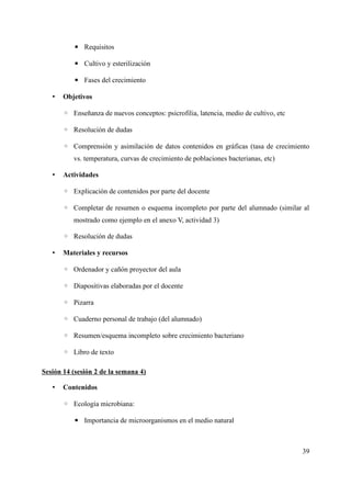 ▪ Requisitos
▪ Cultivo y esterilización
▪ Fases del crecimiento
• Objetivos
◦ Enseñanza de nuevos conceptos: psicrofilia, latencia, medio de cultivo, etc
◦ Resolución de dudas
◦ Comprensión y asimilación de datos contenidos en gráficas (tasa de crecimiento
vs. temperatura, curvas de crecimiento de poblaciones bacterianas, etc)
• Actividades
◦ Explicación de contenidos por parte del docente
◦ Completar de resumen o esquema incompleto por parte del alumnado (similar al
mostrado como ejemplo en el anexo V, actividad 3)
◦ Resolución de dudas
• Materiales y recursos
◦ Ordenador y cañón proyector del aula
◦ Diapositivas elaboradas por el docente
◦ Pizarra
◦ Cuaderno personal de trabajo (del alumnado)
◦ Resumen/esquema incompleto sobre crecimiento bacteriano
◦ Libro de texto
Sesión 14 (sesión 2 de la semana 4)
• Contenidos
◦ Ecología microbiana:
▪ Importancia de microorganismos en el medio natural
39
 