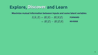 13
Maximize mutual information between inputs and some latent variables
FORWARD
REVERSE
Explore, Discover and Learn
Discov...