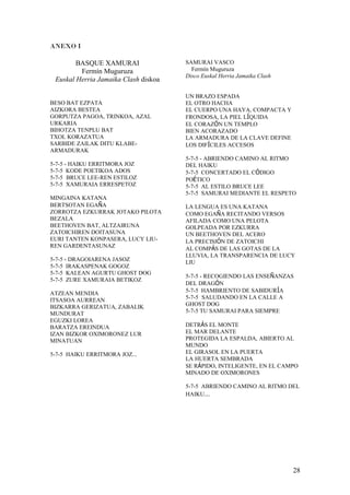 ANEXO I
BASQUE XAMURAI
Fermín Muguruza
Euskal Herria Jamaika Clash diskoa
BESO BAT EZPATA
AIZKORA BESTEA
GORPUTZA PAGOA, TRINKOA, AZAL
URKARIA
BIHOTZA TENPLU BAT
TXOL KORAZATUA
SARBIDE ZAILAK DITU KLABE-
ARMADURAK
5-7-5 - HAIKU ERRITMORA JOZ
5-7-5 KODE POETIKOA ADOS
5-7-5 BRUCE LEE-REN ESTILOZ
5-7-5 XAMURAIA ERRESPETOZ
MINGAINA KATANA
BERTSOTAN EGAÑA
ZORROTZA EZKURRAK JOTAKO PILOTA
BEZALA
BEETHOVEN BAT, ALTZAIRUNA
ZATOICHIREN DOITASUNA
EURI TANTEN KONPASERA, LUCY LIU-
REN GARDENTASUNAZ
5-7-5 - DRAGOIARENA JASOZ
5-7-5 IRAKASPENAK GOGOZ
5-7-5 KALEAN AGURTU GHOST DOG
5-7-5 ZURE XAMURAIA BETIKOZ
ATZEAN MENDIA
ITSASOA AURREAN
BIZKARRA GERIZATUA, ZABALIK
MUNDURAT
EGUZKI LOREA
BARATZA EREINDUA
IZAN BIZKOR OXIMORONEZ LUR
MINATUAN
5-7-5 HAIKU ERRITMORA JOZ...
SAMURAI VASCO
Fermín Muguruza
Disco Euskal Herria Jamaika Clash
UN BRAZO ESPADA
EL OTRO HACHA
EL CUERPO UNA HAYA, COMPACTA Y
FRONDOSA, LA PIEL LÍQUIDA
EL CORAZÓN UN TEMPLO
BIEN ACORAZADO
LA ARMADURA DE LA CLAVE DEFINE
LOS DIFÍCILES ACCESOS
5-7-5 - ABRIENDO CAMINO AL RITMO
DEL HAIKU
5-7-5 CONCERTADO EL CÓDIGO
POÉTICO
5-7-5 AL ESTILO BRUCE LEE
5-7-5 SAMURAI MEDIANTE EL RESPETO
LA LENGUA ES UNA KATANA
COMO EGAÑA RECITANDO VERSOS
AFILADA COMO UNA PELOTA
GOLPEADA POR EZKURRA
UN BEETHOVEN DEL ACERO
LA PRECISIÓN DE ZATOICHI
AL COMPÁS DE LAS GOTAS DE LA
LLUVIA, LA TRANSPARENCIA DE LUCY
LIU
5-7-5 - RECOGIENDO LAS ENSEÑANZAS
DEL DRAGÓN
5-7-5 HAMBRIENTO DE SABIDURÍA
5-7-5 SALUDANDO EN LA CALLE A
GHOST DOG
5-7-5 TU SAMURAI PARA SIEMPRE
DETRÁS EL MONTE
EL MAR DELANTE
PROTEGIDA LA ESPALDA, ABIERTO AL
MUNDO
EL GIRASOL EN LA PUERTA
LA HUERTA SEMBRADA
SE RÁPIDO, INTELIGENTE, EN EL CAMPO
MINADO DE OXIMORONES
5-7-5 ABRIENDO CAMINO AL RITMO DEL
HAIKU...
28
 
