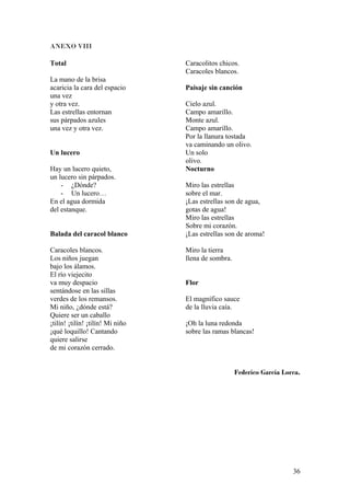 ANEXO VIII
Total
La mano de la brisa
acaricia la cara del espacio
una vez
y otra vez.
Las estrellas entornan
sus párpados azules
una vez y otra vez.
Un lucero
Hay un lucero quieto,
un lucero sin párpados.
- ¿Dónde?
- Un lucero…
En el agua dormida
del estanque.
Balada del caracol blanco
Caracoles blancos.
Los niños juegan
bajo los álamos.
El río viejecito
va muy despacio
sentándose en las sillas
verdes de los remansos.
Mi niño, ¿dónde está?
Quiere ser un caballo
¡tilín! ¡tilín! ¡tilín! Mi niño
¡qué loquillo! Cantando
quiere salirse
de mi corazón cerrado.
Caracolitos chicos.
Caracoles blancos.
Paisaje sin canción
Cielo azul.
Campo amarillo.
Monte azul.
Campo amarillo.
Por la llanura tostada
va caminando un olivo.
Un solo
olivo.
Nocturno
Miro las estrellas
sobre el mar.
¡Las estrellas son de agua,
gotas de agua!
Miro las estrellas
Sobre mi corazón.
¡Las estrellas son de aroma!
Miro la tierra
llena de sombra.
Flor
El magnífico sauce
de la lluvia caía.
¡Oh la luna redonda
sobre las ramas blancas!
Federico García Lorca.
36
 