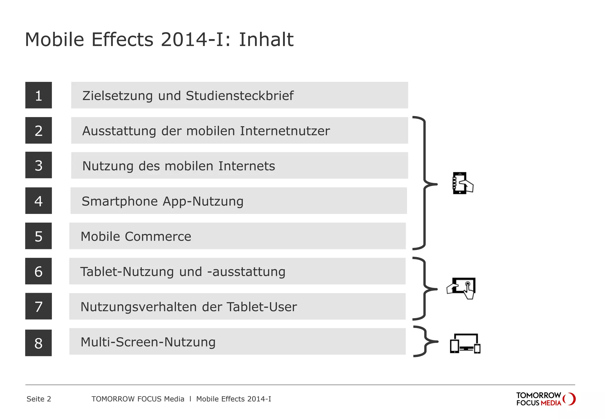 1
Ausstattung der mobilen Internetnutzer
Nutzung des mobilen Internets
Smartphone App-Nutzung
Mobile Effects 2014-I: Inhalt
Mobile Commerce
2
3
4
Tablet-Nutzung und -ausstattung
5
Nutzungsverhalten der Tablet-User
6
Multi-Screen-Nutzung
7
8
Zielsetzung und Studiensteckbrief
 