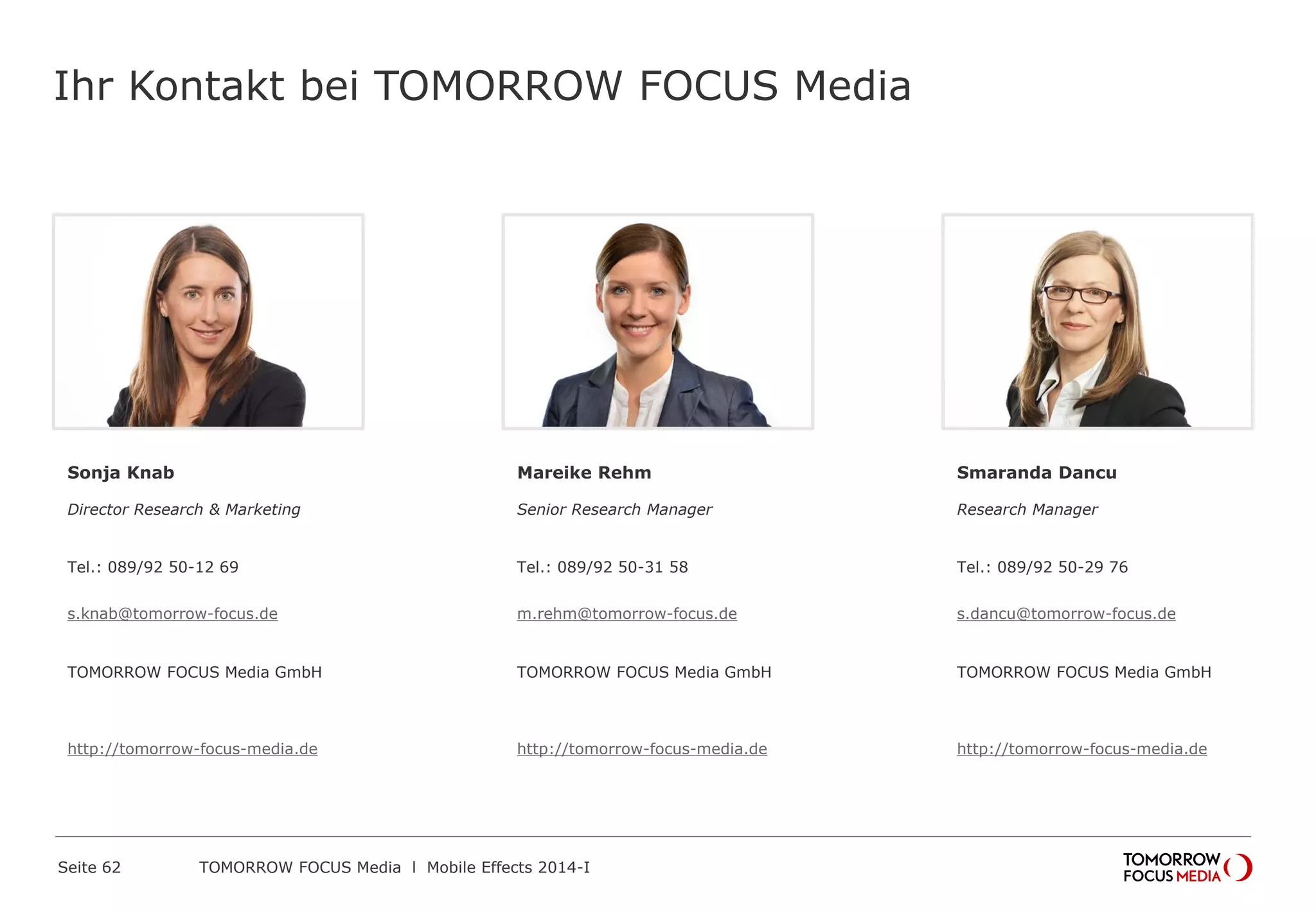 Ansprechpartner
Sonja Knab
Director Research & Marketing
Tel.: 089/92 50-12 69
s.knab@tomorrow-focus.de
ForwardAdGroup
http://tomorrow-focus-media.de
Mareike Rehm
Senior Research Manager
Tel.: 089/92 50-31 58
m.rehm@tomorrow-focus.de
ForwardAdGroup
http://tomorrow-focus-media.de
Smaranda Dancu
Research Manager
Tel.: 089/92 50-29 76
s.dancu@tomorrow-focus.de
ForwardAdGroup
http://tomorrow-focus-media.de
Seite 62 Titel der Präsentation | Name Vortragender
 
