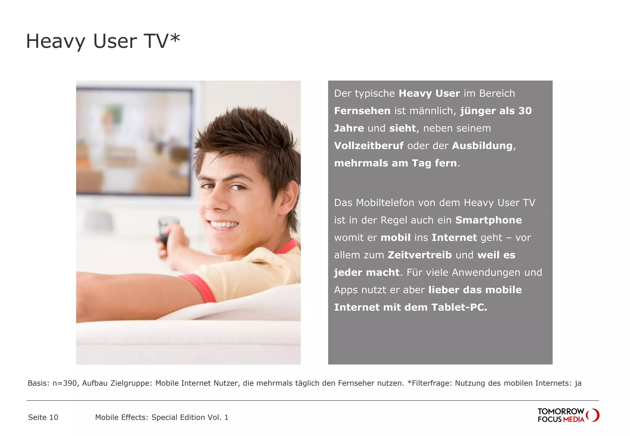 Heavy User TV*
Seite 10 Mobile Effects: Special Edition Vol. 1
Der typische Heavy User im Bereich
Fernsehen ist männlich, jünger als 30
Jahre und sieht, neben seinem
Vollzeitberuf oder der Ausbildung,
mehrmals am Tag fern.
Das Mobiltelefon von dem Heavy User TV
ist in der Regel auch ein Smartphone
womit er mobil ins Internet geht – vor
allem zum Zeitvertreib und weil es
jeder macht. Für viele Anwendungen und
Apps nutzt er aber lieber das mobile
Internet mit dem Tablet-PC.
Basis: n=390, Aufbau Zielgruppe: Mobile Internet Nutzer, die mehrmals täglich den Fernseher nutzen. *Filterfrage: Nutzung des mobilen Internets: ja
 