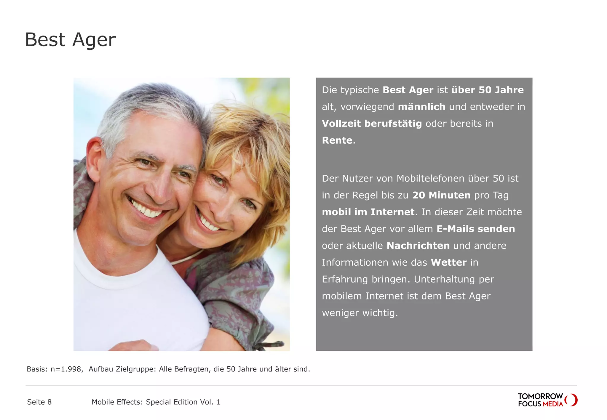 Best Ager
Seite 8 Mobile Effects: Special Edition Vol. 1
Die typische Best Ager ist über 50 Jahre
alt, vorwiegend männlich und entweder in
Vollzeit berufstätig oder bereits in
Rente.
Der Nutzer von Mobiltelefonen über 50 ist
in der Regel bis zu 20 Minuten pro Tag
mobil im Internet. In dieser Zeit möchte
der Best Ager vor allem E-Mails senden
oder aktuelle Nachrichten und andere
Informationen wie das Wetter in
Erfahrung bringen. Unterhaltung per
mobilem Internet ist dem Best Ager
weniger wichtig.
Basis: n=1.998, Aufbau Zielgruppe: Alle Befragten, die 50 Jahre und älter sind.
 