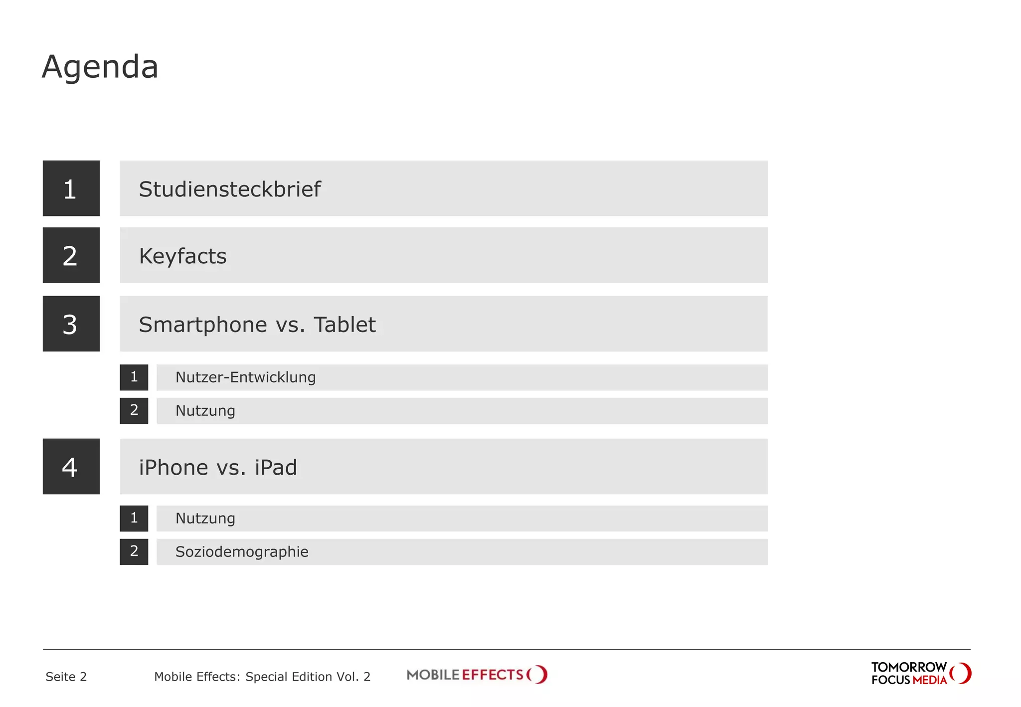 Agenda
Seite 2 Mobile Effects: Special Edition Vol. 2
Studiensteckbrief
Keyfacts
1
2
Nutzer-Entwicklung1
Nutzung2
iPhone vs. iPad4
Nutzung1
Soziodemographie2
Smartphone vs. Tablet3
 