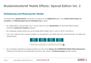Studiensteckbrief Mobile Effects: Special Edition Vol. 2
Zielsetzung und Nutzung der Studie
Die Studienreihe „Mobile Effects“ soll Kunden und Agenturen die Möglichkeit geben, den mobilen Markt besser zu
verstehen und Hilfestellungen bei der Mediaplanung zu geben.
• Die „Mobile Effects: Special Edition Vol. 2“ ist der zweite Teil einer Spezialreihe, die die Mobile Effects Studien
hinsichtlich bestimmter Aspekte analysiert.
• Die vorliegende Analyse bezieht sich auf die Mobile Effects Wellen 2012-1, 2012-2, 2013-1 und 2013-2.
• In der Vol. 2 liegt der Fokus auf dem Vergleich von Smartphones und Tablets über den Verlauf der letzten vier Wellen der
„Mobile Effects“.
• Die im folgenden getroffenen Aussagen beziehen sich alle auf die Nutzer des TOMORROW FOCUS Media Netzwerkes.
In Bezug auf die deutsche Internetbevölkerung können aber natürlich Tendenzaussagen getroffen werden.
Seite 3 Mobile Effects: Special Edition Vol. 2
Januar 2012
Mobile
Effects
2012-1
Mobile
Effects
2013-2
Mobile
Effects
2013-1
Mobile
Effects
2012-2
Mai 2012 Januar 2013 Mai 2013
 