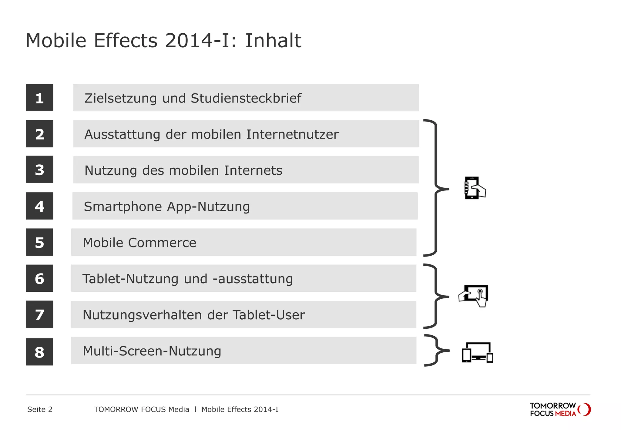 Mobile Effects 2014-I: Inhalt
1

Zielsetzung und Studiensteckbrief

2

Ausstattung der mobilen Internetnutzer

3

Nutzung des mobilen Internets

4

Smartphone App-Nutzung

5

Mobile Commerce

6

Tablet-Nutzung und -ausstattung

7

Nutzungsverhalten der Tablet-User

8

Multi-Screen-Nutzung

Seite 2

TOMORROW FOCUS Media l Mobile Effects 2014-I

 