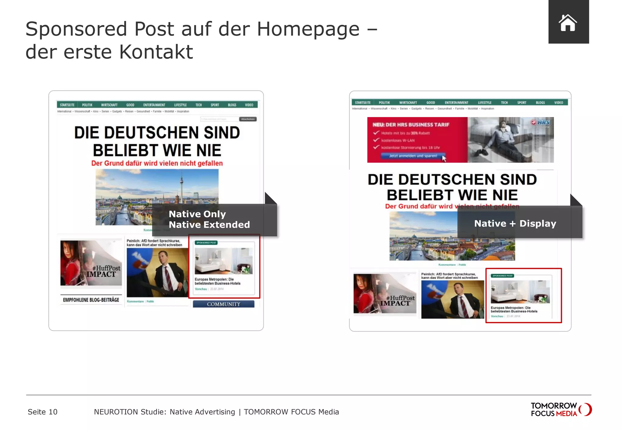 Sponsored Post auf der Homepage – 
der erste Kontakt 
Seite 10 NEUROTION Studie: Native Advertising | TOMORROW FOCUS Media 
Native + Display 
Native Only 
Native Extended 
 
