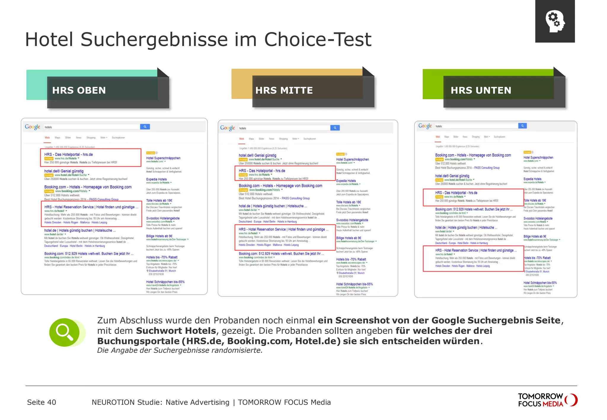 Hotel Suchergebnisse im Choice-Test 
Seite 40 NEUROTION Studie: Native Advertising | TOMORROW FOCUS Media 
H R S OBEN H R S MITTE H R S UNTEN 
Zum Abschluss wurde den Probanden noch einmal ein Screenshot von der Google Suchergebnis Seite, 
mit dem Suchwort Hotels, gezeigt. Die Probanden sollten angeben für welches der drei 
Buchungsportale (HRS.de, Booking.com, Hotel.de) sie sich entscheiden würden. 
Die Angabe der Suchergebnisse randomisierte. 
 
