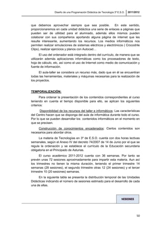 Diseño de una Programación Didáctica de Tecnología 3º E.S.O. 2011/2012
50
que debemos aprovechar siempre que sea posible. En este sentido,
proporcionaremos en cada unidad didáctica una serie de enlaces a páginas que
pueden ser de utilidad para el alumnado, además ellos mismos pueden
colaborar con sus compañeros aportando alguna página de internet que les
resulte interesante, aumentando los recursos. Los medios informáticos nos
permiten realizar simulaciones de sistemas eléctricos y electrónicos ( Crocodrile
Clips), realizar ejercicios y planos con Autocad…
El uso del ordenador está integrado dentro del currículo, de manera que se
utilizarán además aplicaciones informáticas como los procesadores de texto,
hoja de cálculo, etc, así como el uso de Internet como medio de comunicación y
fuente de información.
El aula-taller se considera un recurso más, dado que en él se encuentran
todas las herramientas, materiales y máquinas necesarias para la realización de
los proyectos.
TEMPORALIZACIÓN:
Para ordenar la presentación de los contenidos correspondientes al curso
teniendo en cuenta el tiempo disponible para ello, se aplican los siguientes
criterios:
Disponibilidad de los recursos del taller e informáticos: Las características
del Centro hacen que se disponga del aula de informática durante todo el curso.
Por lo que se pueden desarrollar los contenidos informáticos en el momento en
que se precisen.
Construcción de conocimientos encadenados: Ciertos contenidos son
necesarios para abordar otros.
La materia de Tecnologías en 3º de E.S.O. cuenta con dos horas lectivas
semanales, según el Anexo IV del decreto 74/2007 de 14 de Junio por el que se
regula la ordenación y se establece el currículo de la Educación secundaria
obligatoria en el Principado de Asturias.
El curso académico 2011-2012 cuenta con 36 semanas. Por tanto se
prevén unas 72 sesiones aproximadamente para impartir esta materia. Aun así
los trimestres no tienen la misma duración, teniendo el primer trimestre 14
semanas (28 sesiones), el segundo trimestre otras 12 (24 sesiones) y el tercer
trimestre 10 (20 sesiones) semanas.
En la siguiente tabla se presenta la distribución temporal de las Unidades
Didácticas indicando el número de sesiones estimado para el desarrollo de cada
una de ellas.
SESIONES
 