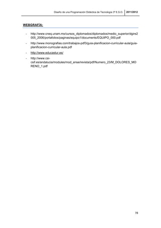 Diseño de una Programación Didáctica de Tecnología 3º E.S.O. 2011/2012
78
WEBGRAFÍA:
- http://www.cneq.unam.mx/cursos_diplomados/diplomados/medio_superior/dgire2
005_2006/portafolios/paginas/equipo1/documents/EQUIPO_000.pdf
- http://www.monografias.com/trabajos-pdf3/guia-planificacion-curricular-aula/guia-
planificacion-curricular-aula.pdf
- http://www.educastur.es/
- http://www.csi-
csif.es/andalucia/modules/mod_ense/revista/pdf/Numero_23/M_DOLORES_MO
RENO_1.pdf
 