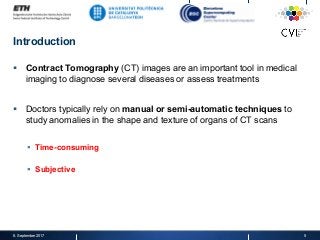 Introduction
§  Contract Tomography (CT) images are an important tool in medical
imaging to diagnose several diseases or assess treatments
§  Doctors typically rely on manual or semi-automatic techniques to
study anomalies in the shape and texture of organs of CT scans
§  Time-consuming
§  Subjective
8. September 2017 5
 
