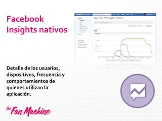 Facebook
Insights nativos
Detalle de los usuarios,
dispositivos, frecuencia y
comportamientos de
quienes utilizan la
aplicación.
Portugués
Español
 