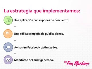 La estrategia que implementamos:
Una sólida campaña de publicaciones.
Una aplicación con cupones de descuento.
Avisos en Facebook optimizados.
+
Monitoreo del buzz generado.
+
+
 