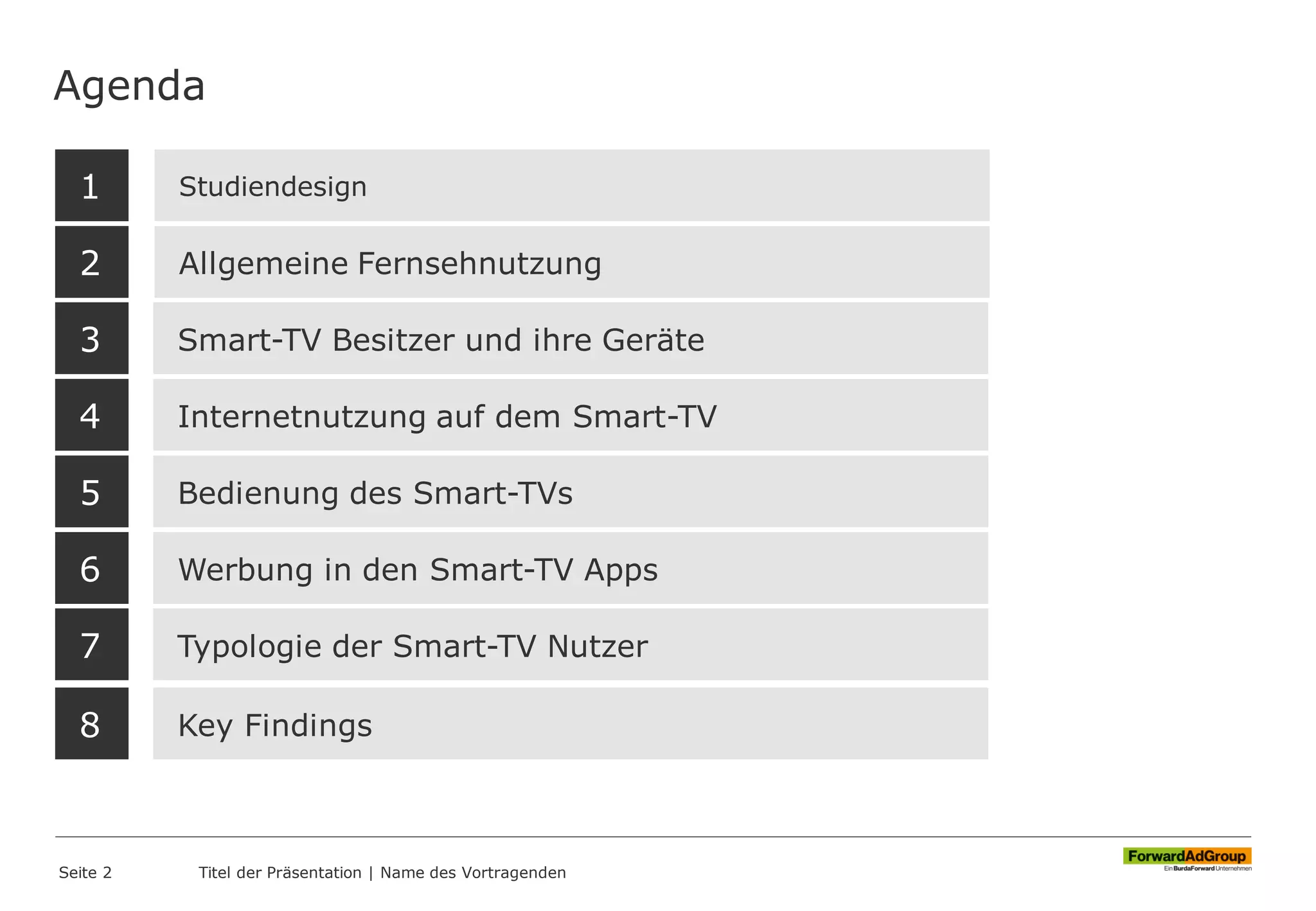 Agenda
Seite 2 Titel der Präsentation | Name des Vortragenden
Studiendesign
Allgemeine Fernsehnutzung
Smart-TV Besitzer und ihre Geräte
1
2
3
Internetnutzung auf dem Smart-TV4
Bedienung des Smart-TVs5
Werbung in den Smart-TV Apps6
Typologie der Smart-TV Nutzer7
Key Findings8
 