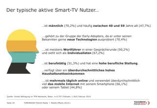 TOMORROW FOCUS Media l Mobile Effects 2014-ISeite 34
Der typische aktive Smart-TV Nutzer…
…ist männlich (70,2%) und häufig zwischen 40 und 59 Jahre alt (47,7%)
….gehört zu der Gruppe der Early-Adopters, da er unter seinen
Bekannten gerne neue Technologien ausprobiert (70,4%)
….ist meistens Wortführer in einer Gesprächsrunde (50,2%)
und sieht sich als Individualisten (67,2%)
…ist berufstätig (51,3%) und hat eine hohe berufliche Stellung.
…verfügt über ein überdurchschnittliches hohes
Haushaltsnettoeinkommen
….ist mehrmals täglich online und verwendet überdurchschnittlich
viel das mobile Internet mit seinem Smartphone (66,1%)
oder seinem Tablet (44,8%)
Quelle: Onsite Befragung im TFM Netzwerk; Basis: n=5.797 (Fallzahl: 1.363) Februar 2014
 