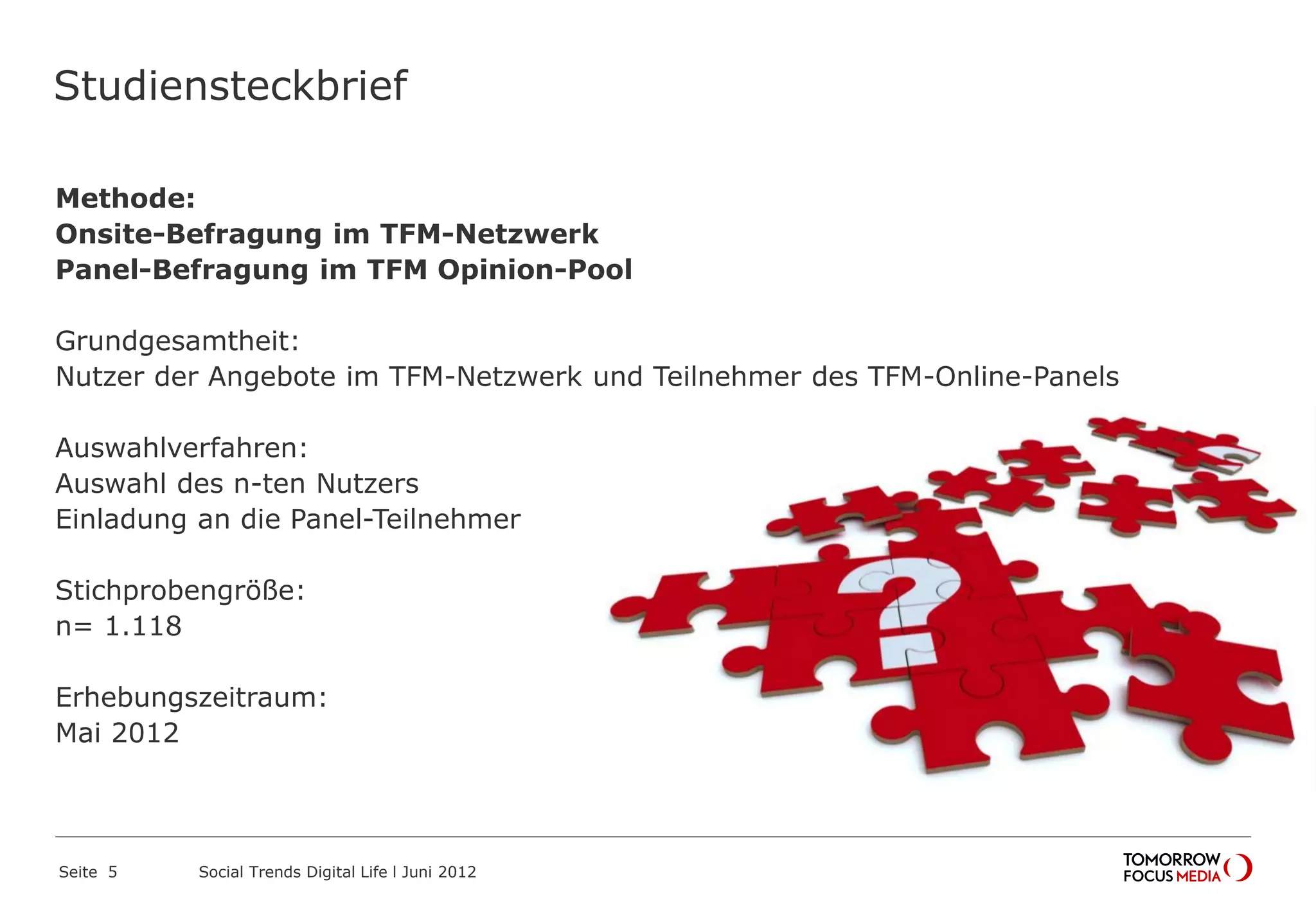 Studiensteckbrief
Methode:
Onsite-Befragung im TFM-Netzwerk
Panel-Befragung im TFM Opinion-Pool
Grundgesamtheit:
Nutzer der Angebote im TFM-Netzwerk und Teilnehmer des TFM-Online-Panels
Auswahlverfahren:
Auswahl des n-ten Nutzers
Einladung an die Panel-Teilnehmer
Stichprobengröße:
n= 1.118
Erhebungszeitraum:
Mai 2012
Seite 5 Social Trends Digital Life l Juni 2012
Studiensteckbrief
 