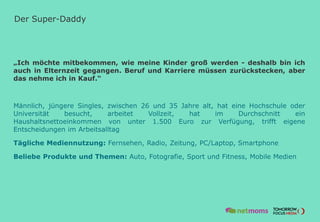 Der Super-Daddy
„Ich möchte mitbekommen, wie meine Kinder groß werden - deshalb bin ich
auch in Elternzeit gegangen. Beruf und Karriere müssen zurückstecken, aber
das nehme ich in Kauf.“
Männlich, jüngere Singles, zwischen 26 und 35 Jahre alt, hat eine Hochschule oder
Universität besucht, arbeitet Vollzeit, hat im Durchschnitt ein
Haushaltsnettoeinkommen von unter 1.500 Euro zur Verfügung, trifft eigene
Entscheidungen im Arbeitsalltag
Tägliche Mediennutzung: Fernsehen, Radio, Zeitung, PC/Laptop, Smartphone
Beliebe Produkte und Themen: Auto, Fotografie, Sport und Fitness, Mobile Medien
 