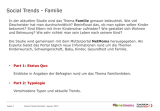 Social Trends - Familie
Seite 3 Social Trends Familien l Januar 2015
In der aktuellen Studie wird das Thema Familie genauer beleuchtet. Wie viel
Geschwister hat man durchschnittlich? Beeinflusst das, ob man später selber Kinder
bekommt? Sind Eltern mit ihrer Kinderschar zufrieden? Wie gestaltet sich Wohnen
und Betreuung? Wie sehr richtet man sein Leben nach seinem Kind?
Die Studie wird gemeinsam mit dem Mütterportal NetMoms herausgegeben. Als
Experte bietet das Portal täglich neue Informationen rund um die Themen
Kinderwunsch, Schwangerschaft, Baby, Kinder, Gesundheit und Familie.
• Part 1: Status Quo
Einblicke in Angaben der Befragten rund um das Thema Familienleben.
• Part 2: Typologie
Verschiedene Typen und aktuelle Trends.
 