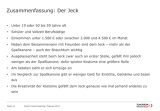 Zusammenfassung: Der Jeck
• Unter 19 oder 50 bis 59 Jahre alt
• Schüler und Vollzeit Berufstätige
• Einkommen unter 1.500 € oder zwischen 3.000 und 4.500 € im Monat
• Neben dem Beisammensein mit Freunden sind dem Jeck – mehr als der
Spaßkanone – auch der Brauchtum wichtig
• Ausgelassenheit steht beim Jeck zwar auch an erster Stelle, gefällt ihm jedoch
weniger als der Spaßkanone; dafür spielen Kostüme eine größere Rolle
• Am liebsten sieht er sich Umzüge an
• Im Vergleich zur Spaßkanone gibt er weniger Geld für Eintritte, Getränke und Essen
aus
• Die Kreativität der Kostüme gefällt dem Jeck genauso wie mal jemand anderes zu
sein
Seite 41 Social Trends Fasching l Februar 2012
 