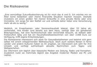 Die Risikoaverse
„Eine vernünftige Zukunftsabsicherung ist für mich das A und O. Ich möchte mir im Alter
keine Gedanken über meine finanzielle Situation machen müssen. Deshalb investiere ich
einen großen Teil meiner Einkünfte in eine private Rente oder eine Immobilie. Ich sorge für
den Notfall vor und schließe daher lieber eine Versicherung mehr ab als zu wenig.“
Weiblich, im Erwachsenen- oder Seniorenhaushalt lebend, über 55 Jahre alt, verheiratet,
ihre Kinder sind bereits aus dem Haus, verfügt über ein gehobenes Bildungsniveau, hat eine
Fachhochschule oder Universität besucht, ist Vollzeit oder freiberuflich tätig und hat ein
Haushaltsnettoeinkommen von über 3.000 Euro zur Verfügung, trifft eigene Entscheidungen.
Die Risikoaverse interessiert sich stark für Gesundheitsthemen und belohnt sich gern selbst
mit einem entspannenden Wellnessurlaub. Doch auch weitere Reisen in ferne Länder und
andere Kulturen haben es ihr angetan, sie interessiert sich sehr für ihre Umwelt und verfolgt
aufmerksam aktuelle Nachrichten zum Tages- und Weltgeschehen.
Sie informiert sich täglich über klassische Medien wie Zeitung, Radio und Fernsehen.
Zusätzlich nutzt sie mehrmals täglich das Angebot moderner Medien wie PC und Laptop.
Seite 38 Social Trends Finanzen l September 2013
 