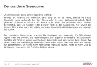 Der unsichere Greencomer
„Nachhaltigkeit? Ist ja schon irgendwie wichtig.“
Ebenso oft weiblich wie männlich, eher jung 14 bis 39 Jahre, lebend im Single
Haushalt, noch wohnhaft bei den Eltern oder in einer Wohngemeinschaft. Hoch
gebildet: überdurchschnittlich oft Abitur oder einen Hochschulabschluss. Vollzeit
berufstätig, oder als Student oder Schüler noch in der Ausbildung. Auf Grund des
jungen Alters aber noch ein relativ geringes Haushaltsnettoeinkommen von weniger
als 3000 €.
Der unsichere Greencomer erachtet Nachhaltigkeit als notwendig. Es fällt diesem
Typen aber oft schwer, die Nachhaltigkeit des eigenen Lebensstils einzuschätzen.
Auffällig oft führt er seinen nachhaltigen Lebensstil erst seit kurzer Zeit. Dieser Typ
denkt, dass ein nachhaltiger Lebensstil mehr Geld kostet, hält dies aber nur bedingt
für gerechtfertigt. Er würde mehr nachhaltige Produkte kaufen, hätte er mehr Geld zu
Verfügung, oder wenn die Produkte billiger wären.
Seite 30 Social Trends Nachhaltigkeit l August 2012
 
