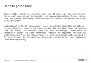 Der alte grüne Hase
Ebenso häufig weiblich wie männlich meist über 50 Jahre alt. Lebt meist in einer
Partnerschaft ohne Kinder. Hochgebildet mit Universitätsabschluss. Schon in Rente
oder noch (Teilzeit) berufstätig. Tendenziell eher ein höheres Einkommen von 3000€
bis zu über 6000€.
Nachhaltigkeit ist für den alten grünen Hasen ein wichtiger Bestandteil des Lebens –
und das schon sehr lange. Er Informiert sich über Nachhaltigkeit, redet mit anderen
über das Thema und versucht diese von einer nachhaltigen Lebensweise zu
überzeugen. Dieser Typ zieht nachhaltige Produkte oft regulären vor und das
unabhängig vom Preis. Die höheren Kosten für einen nachhaltigen Lebensstil hält er
für gerechtfertigt. Bei der Wahl des Arbeitgebers achtet er auf eine nachhaltige
Unternehmungsführung.
Seite 35 Social Trends Nachhaltigkeit l August 2012
 