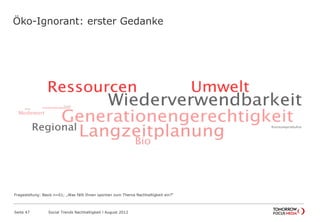 Öko-Ignorant: erster Gedanke
Seite 47 Social Trends Nachhaltigkeit l August 2012
Fragestellung: Basis n=61; „Was fällt Ihnen spontan zum Thema Nachhaltigkeit ein?“
 
