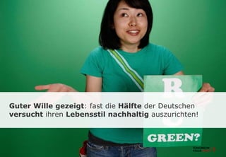 Guter Wille gezeigt: fast die Hälfte der Deutschen
versucht ihren Lebensstil nachhaltig auszurichten!
 
